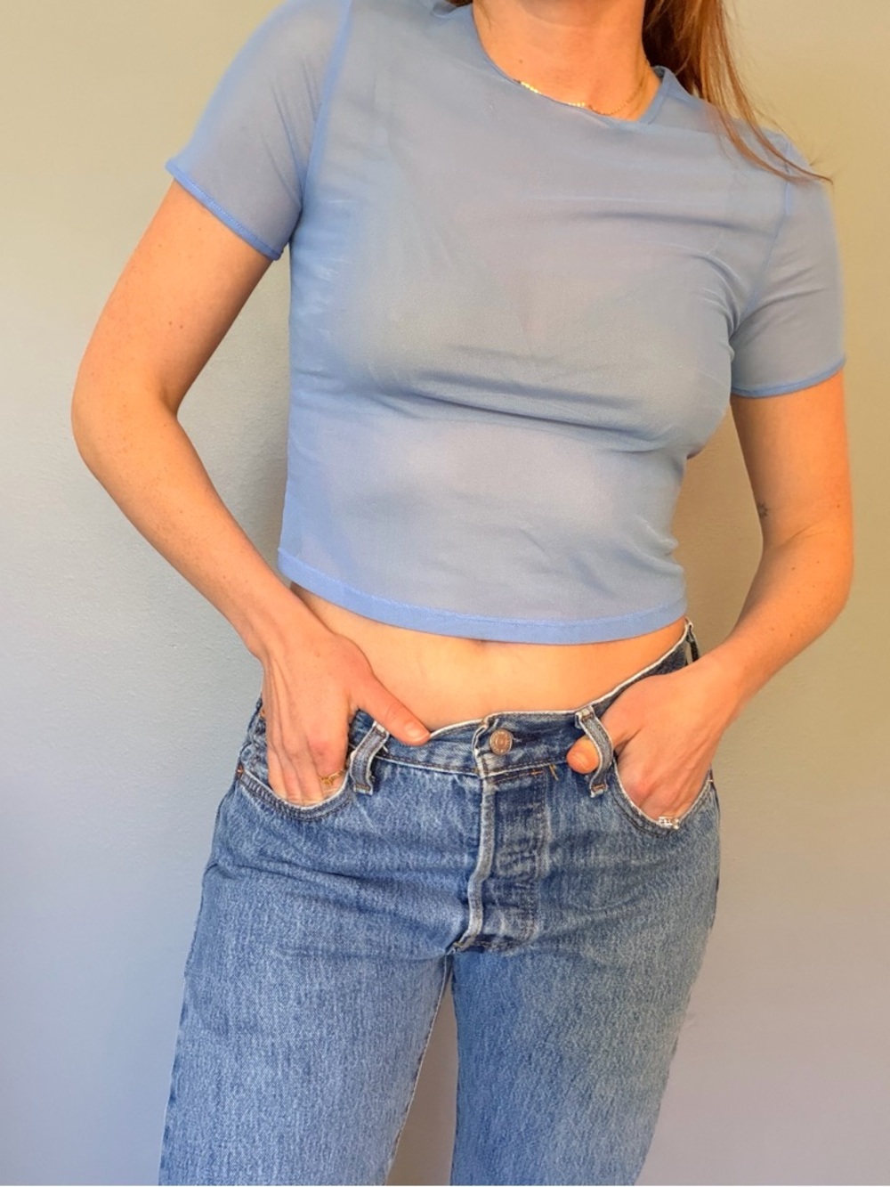 GAP Women's Light Blue sheer short Sleeve Top